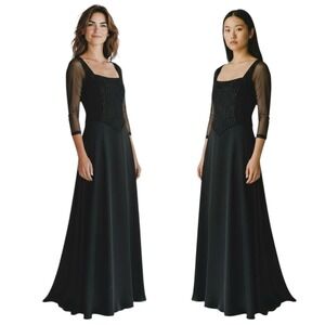 Vtg Tadashi Shoji Gown 12*S Black Beaded Mesh Corset Formal WhimsiGoth Darkfairy